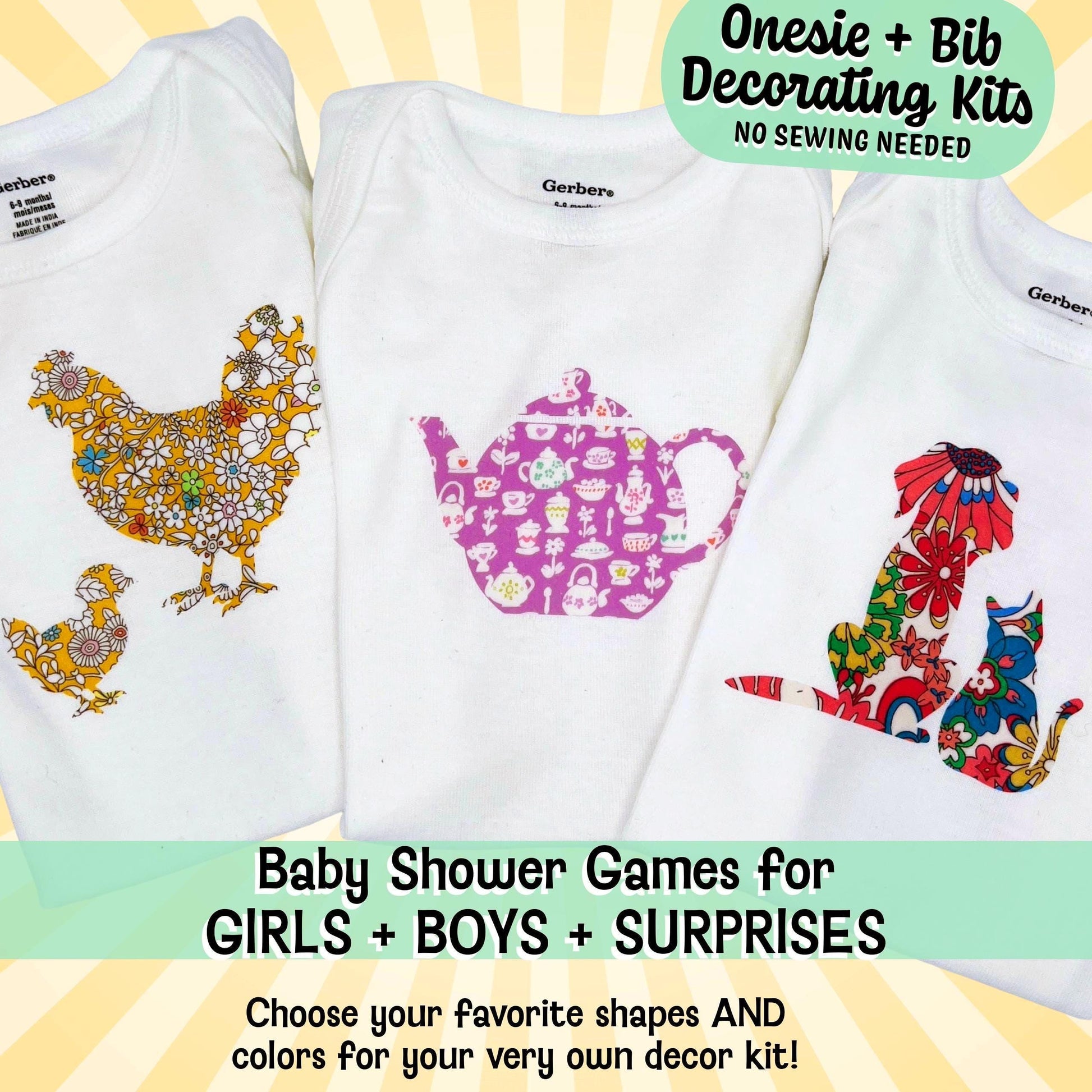 Baby Onesie & Bib Decorating Activity: Gender Neutral Shapes, Custom Baby Name Cut-Outs, Easy No-Sew Baby Shower Crafts, No craft experience