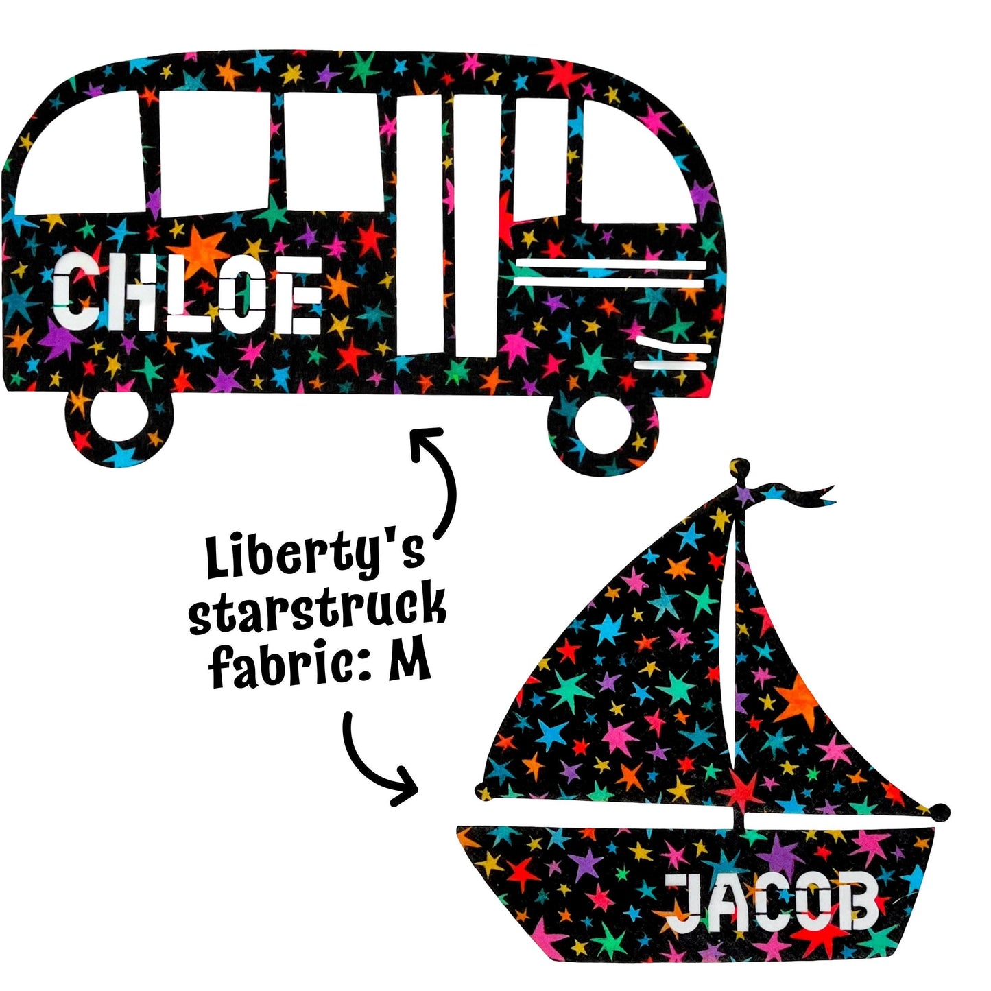 Custom Patch Shapes with Names: Liberty Fabric Appliques, Playful Shapes, Personalized Names, Nursery Decor, DIY Wall hanging, Custom Gifts