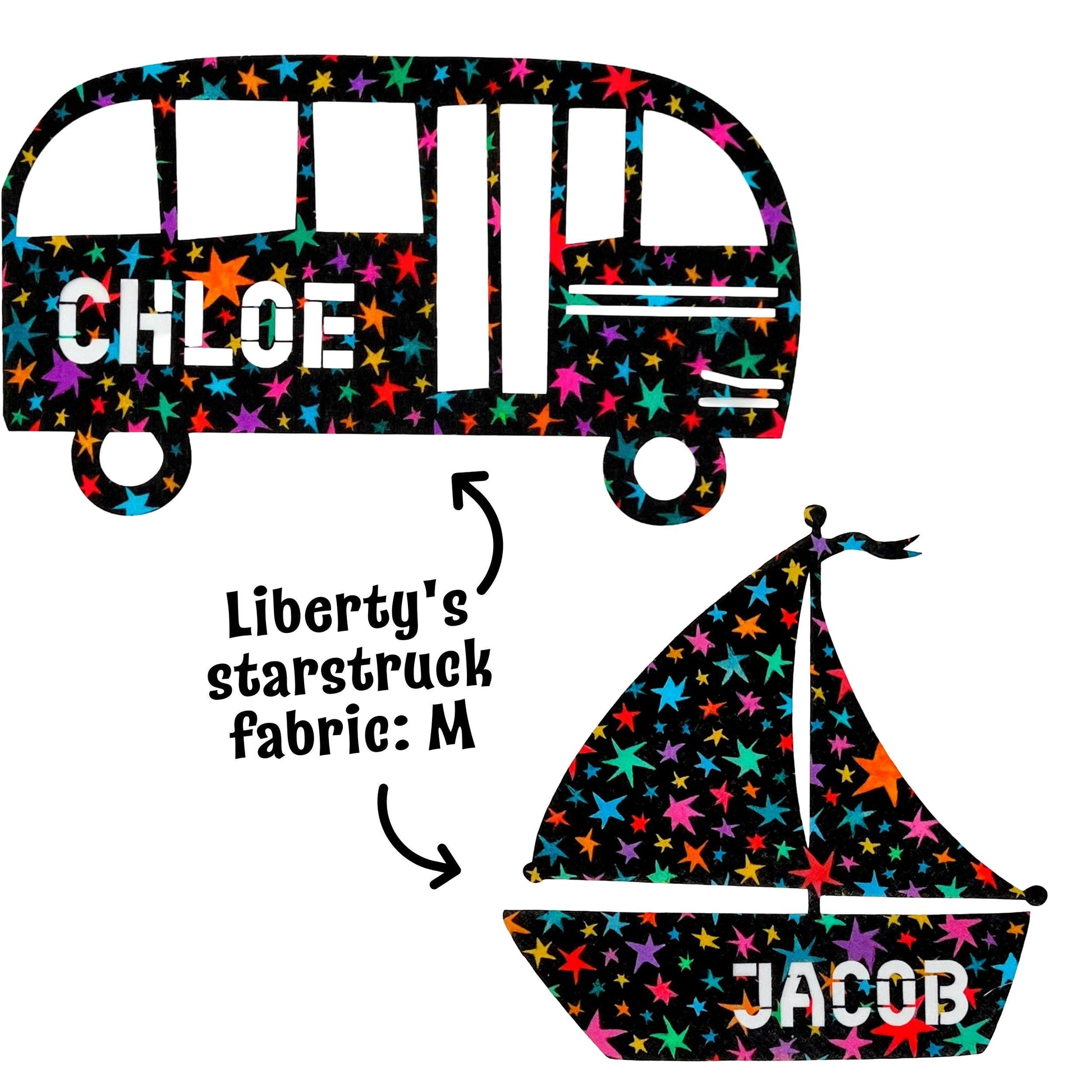 Custom Patch Shapes with Names: Liberty Fabric Appliques, Playful Shapes, Personalized Names, Nursery Decor, DIY Wall hanging, Custom Gifts
