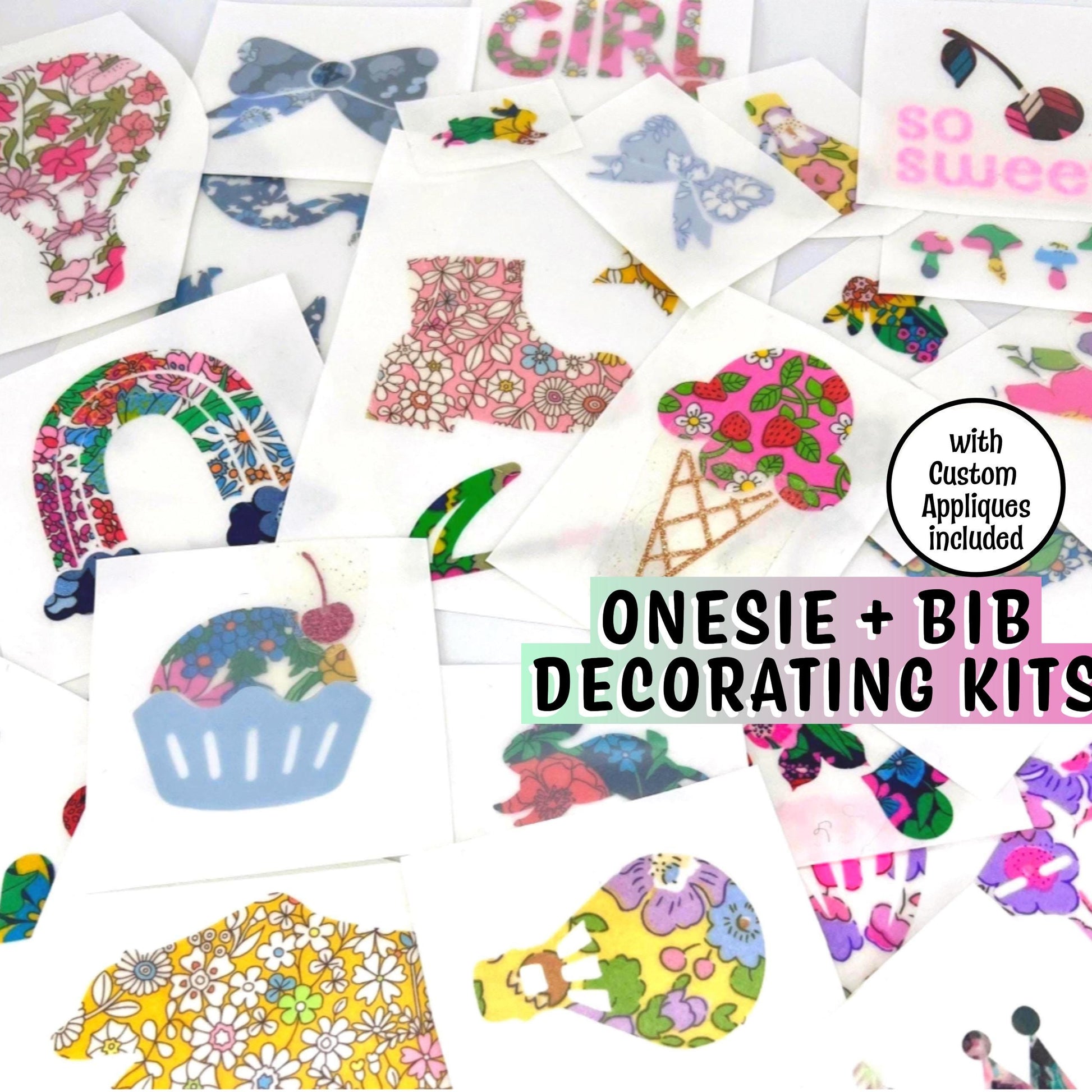 Girls Onesie Decorating Supplies – Fabric Appliques for DIY Baby Shower Activity, Easy No Sewing or Crafting experience needed!