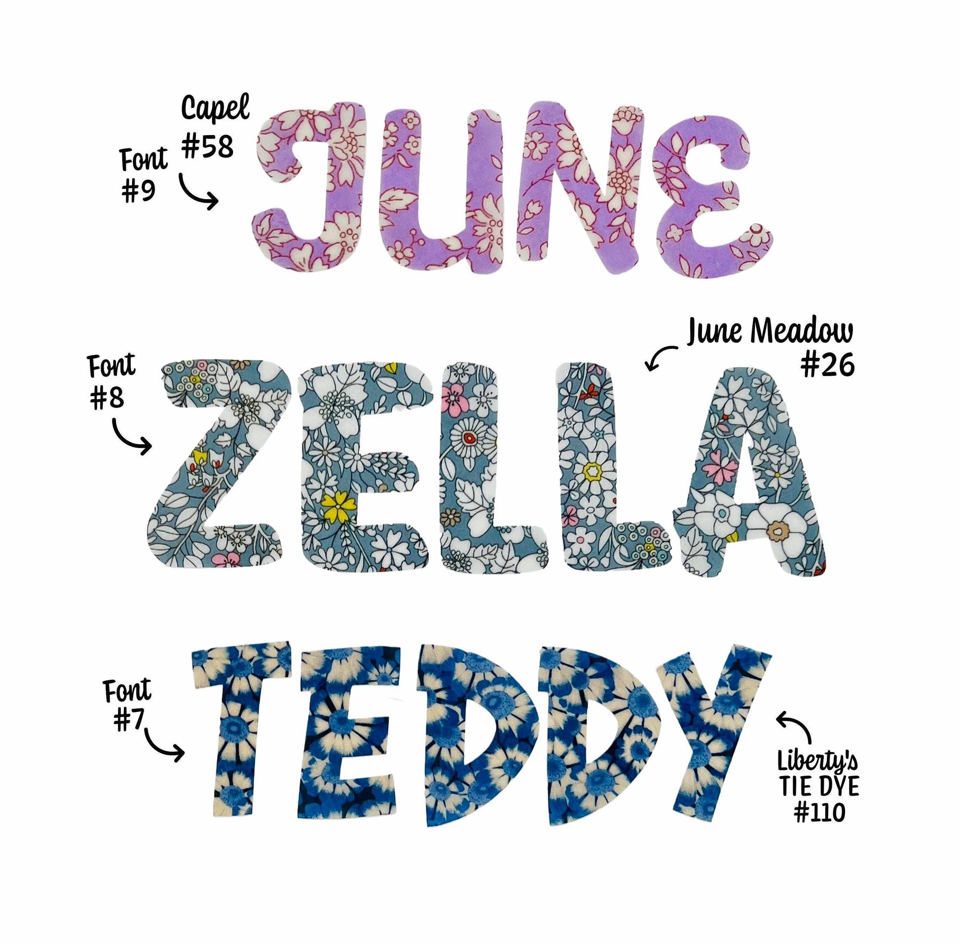 Liberty of London Fabric Iron On Letters, Custom Applique