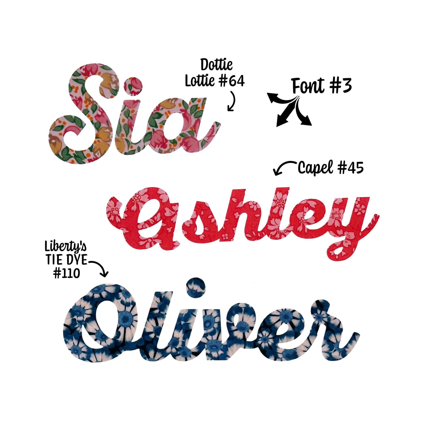 Custom Name Patches: Liberty of London fabric, Script Name Appliques, Custom Iron-On Patches (Adhesive Backing Available)