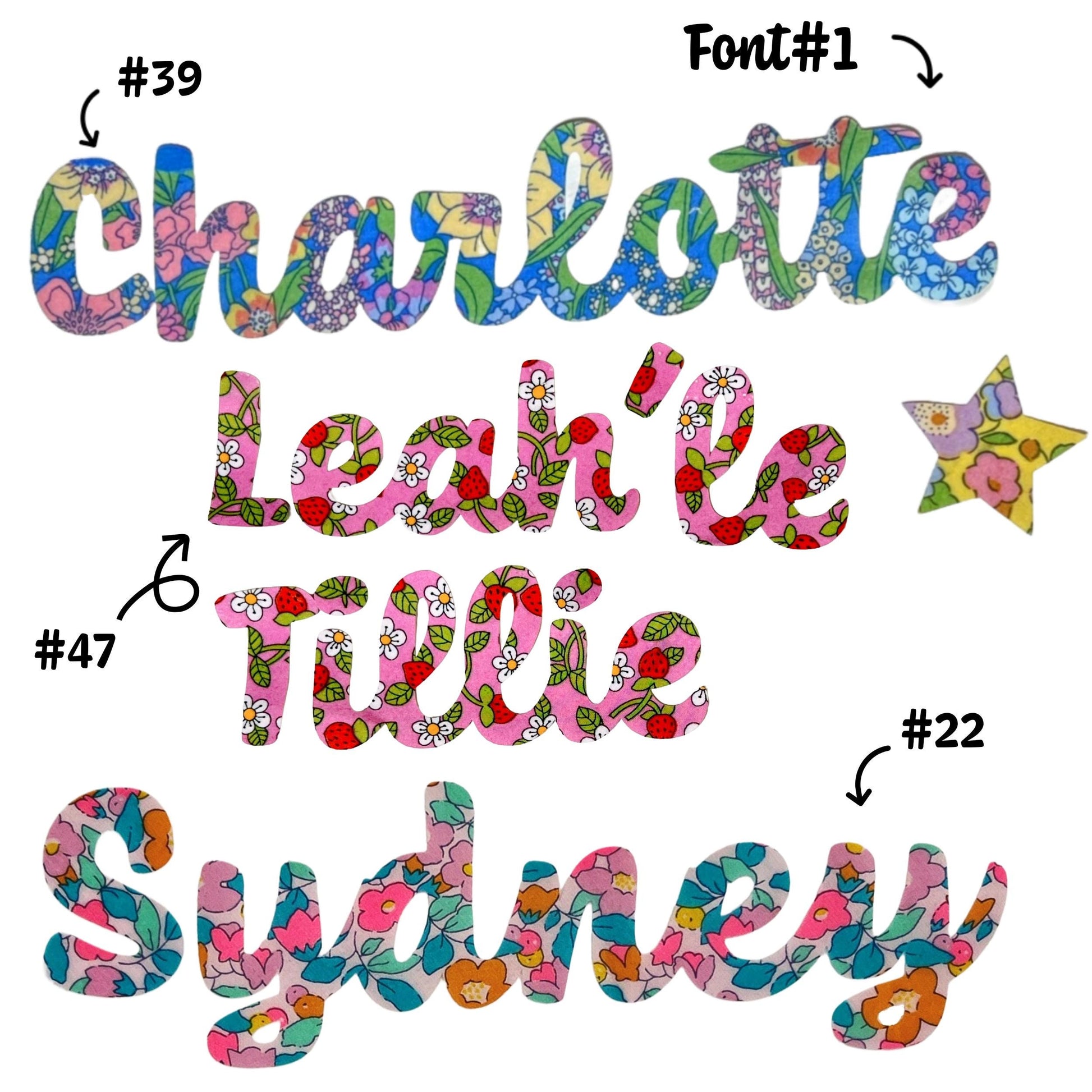 Custom Name Patches: Liberty of London fabric, Script Name Appliques, Custom Iron-On Patches (Adhesive Backing Available)