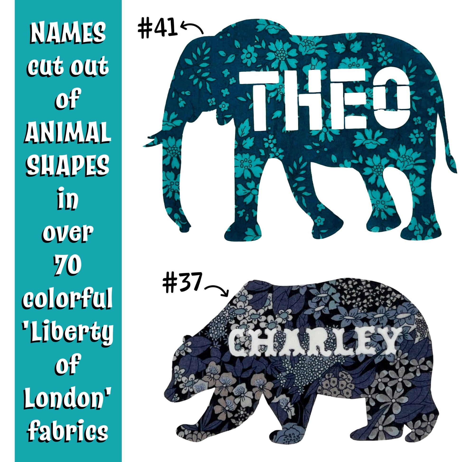 Custom Liberty Appliques: Playful shapes with Names digitally cut out, perfect for DIY nursery, kids room decor,