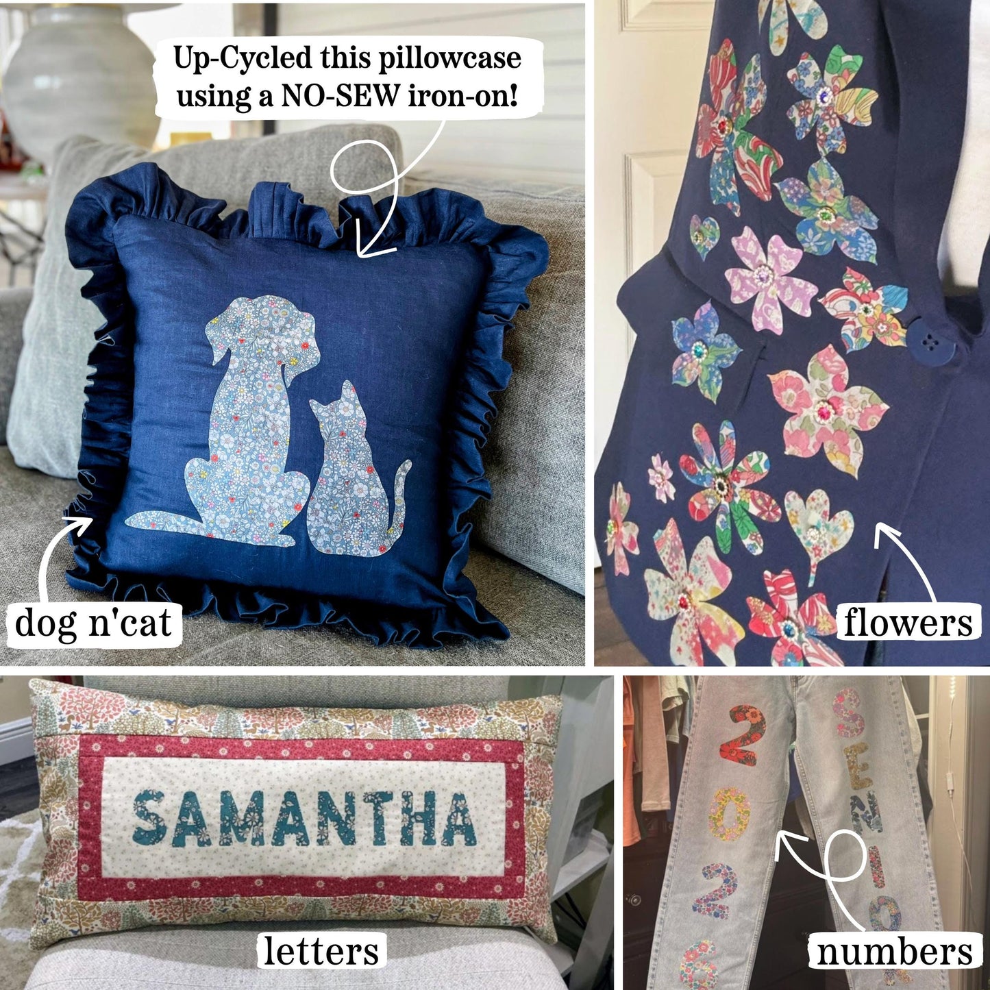 Liberty Fabric Iron-On Set of 3 Cats: Vintage-Inspired Appliqués for Crafts, Patchwork Quilting, Upcycling, stitch-able/easy no sew iron on