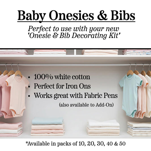 White Baby Onesies & Bibs: Add-On to Baby Shower Onesie Decorating Kits (to go with your Liberty fabric Iron on Shapes)
