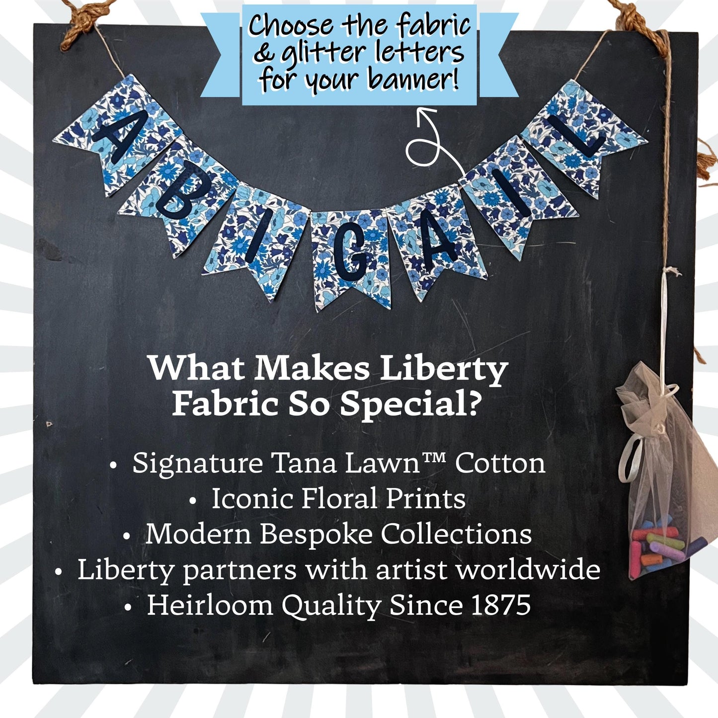 Custom Glitter Name Banners: Liberty of London Fabric Party Decor