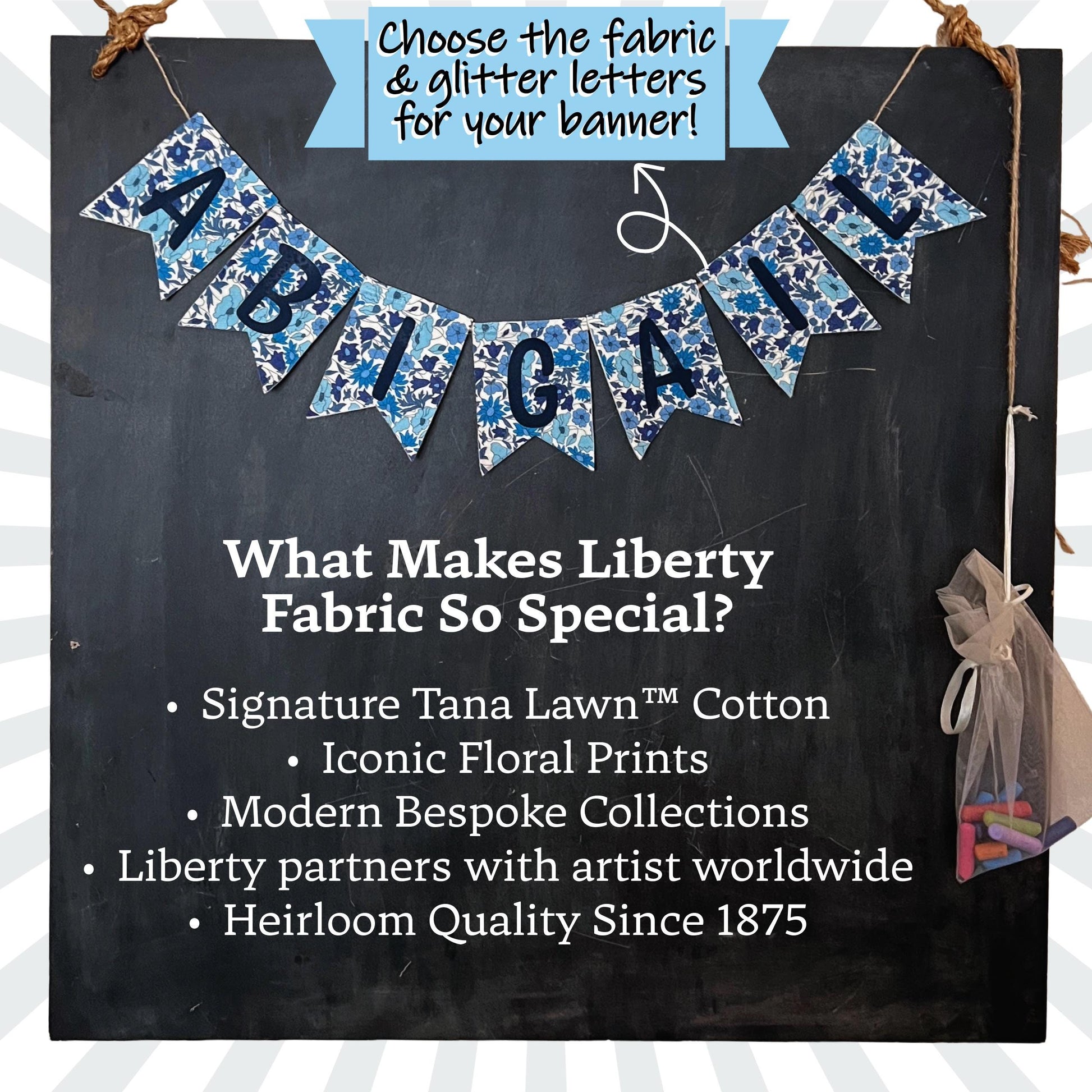 Custom Glitter Name Banners: Liberty of London Fabric Party Decor