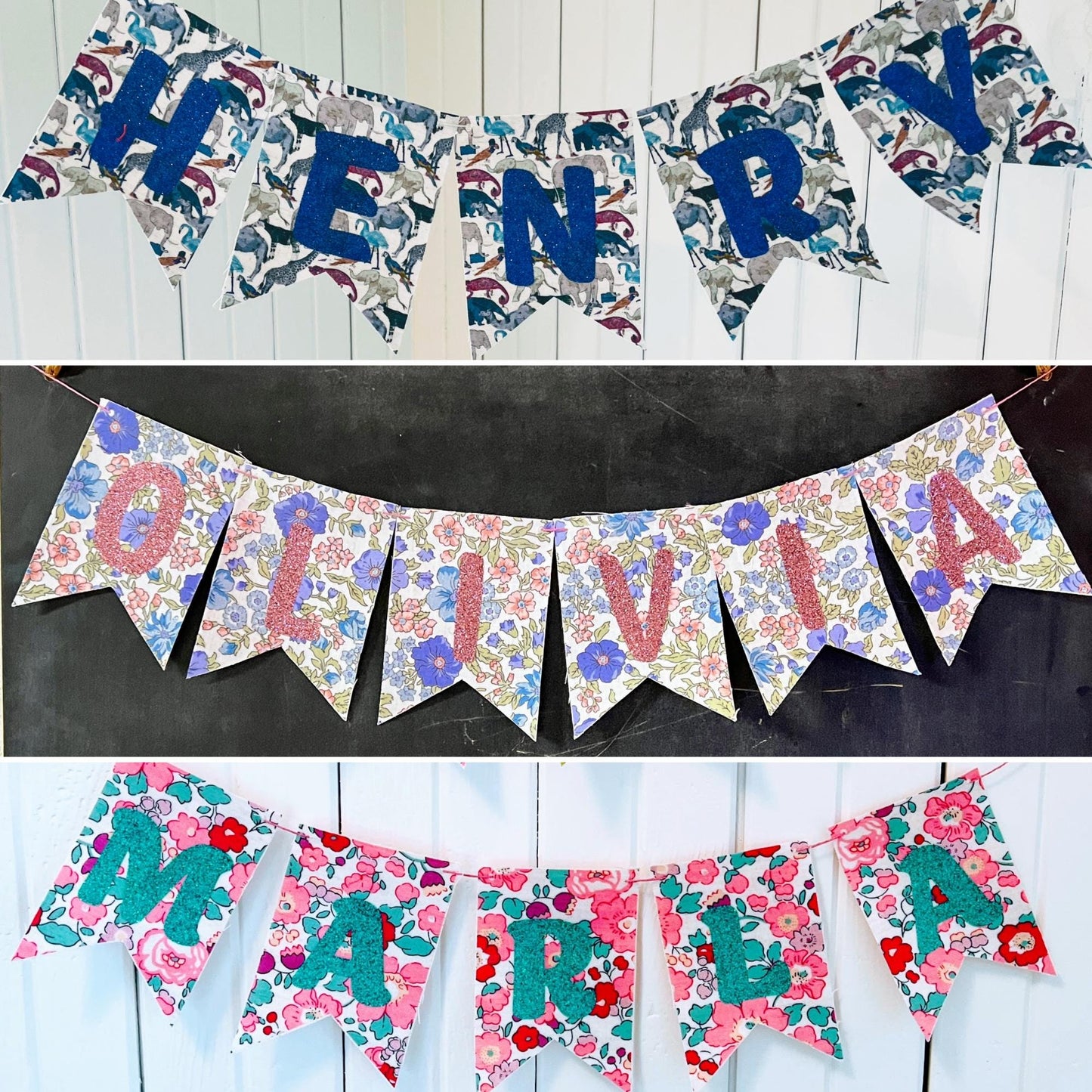 Custom Glitter Name Banners: Liberty of London Fabric Party Decor