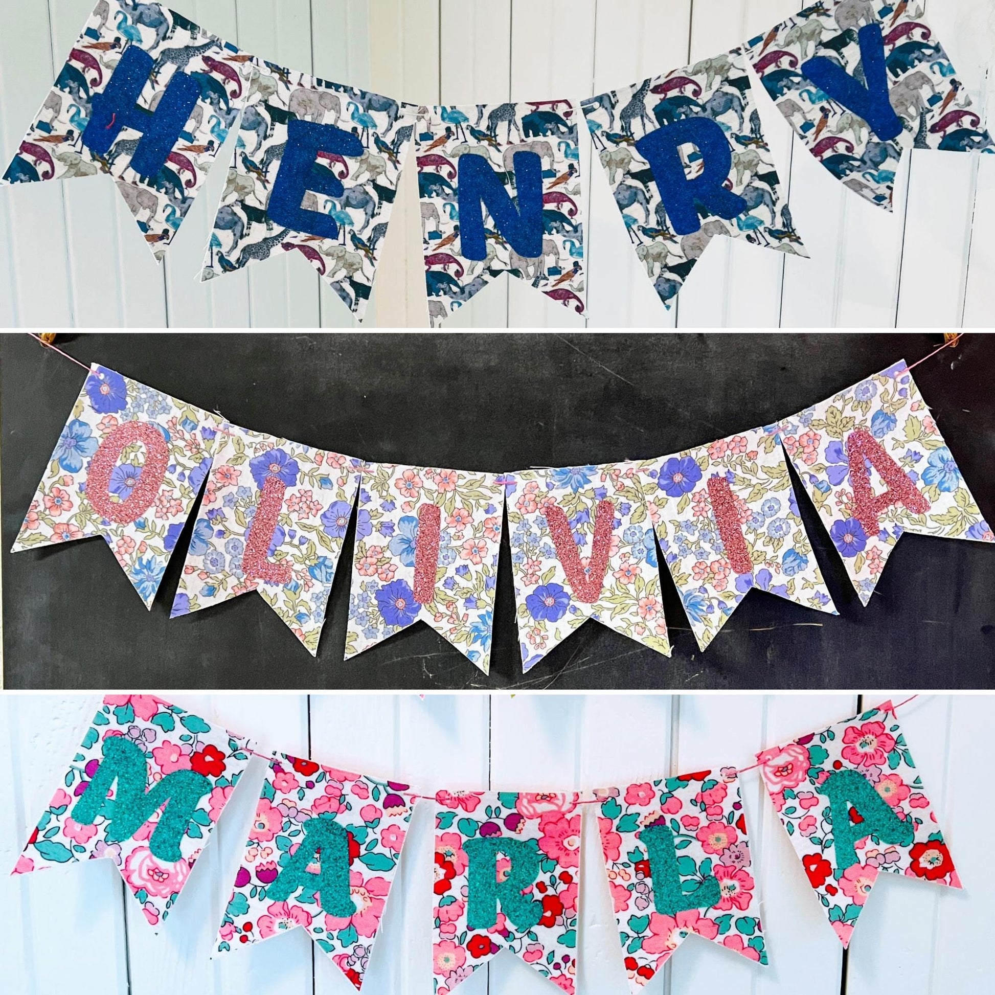 Custom Glitter Name Banners: Liberty of London Fabric Party Decor