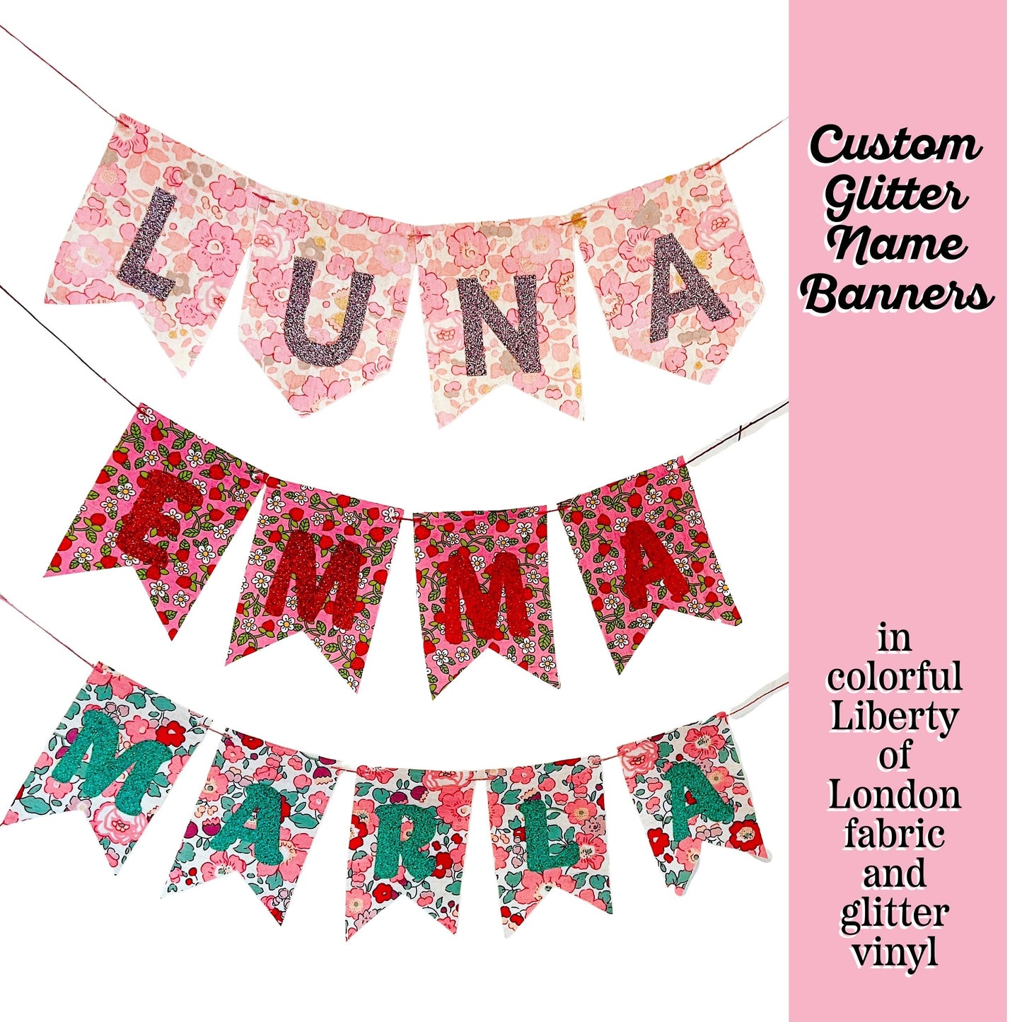Custom Glitter Name Banners: Liberty of London Fabric Party Decor