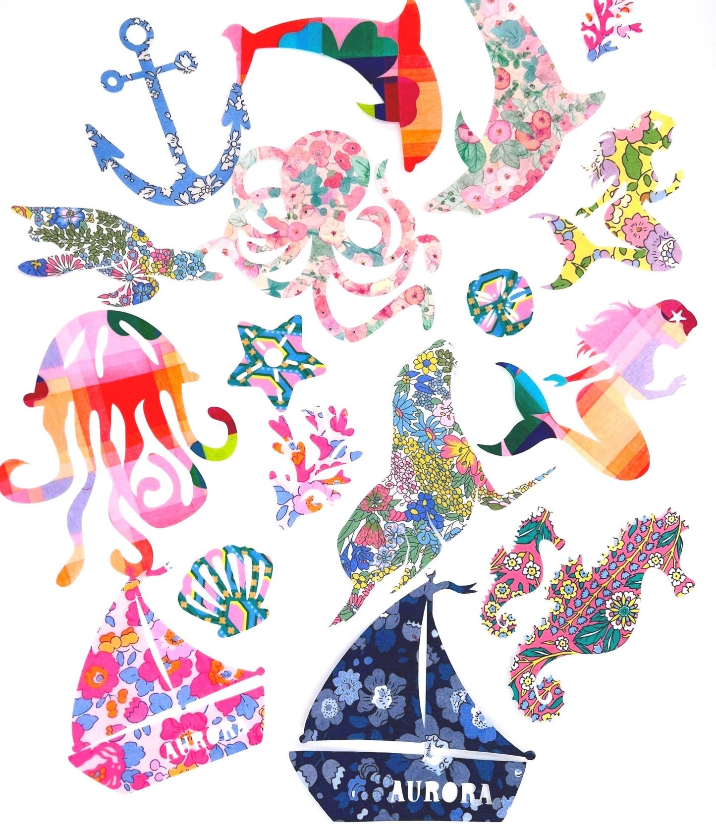 Beach Onesie Decorating Kit: Baby Shower Craft Station with Liberty fabric Iron-Ons in Seaside Shapes, Easy No Sewing experience needed