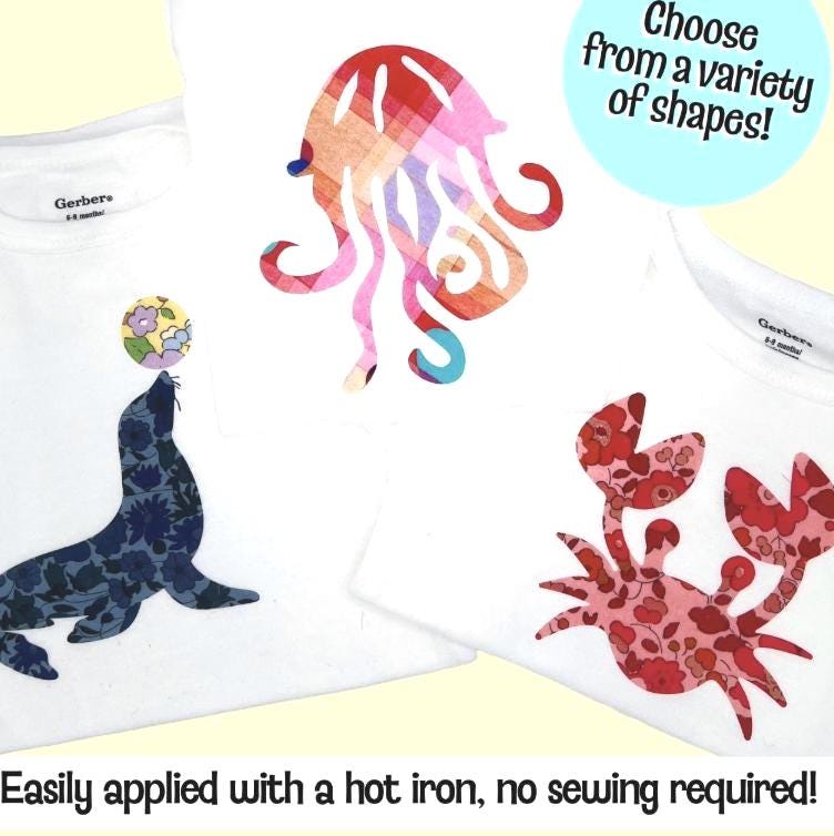 Beach Onesie Decorating Kit: Baby Shower Craft Station with Liberty fabric Iron-Ons in Seaside Shapes, Easy No Sewing experience needed