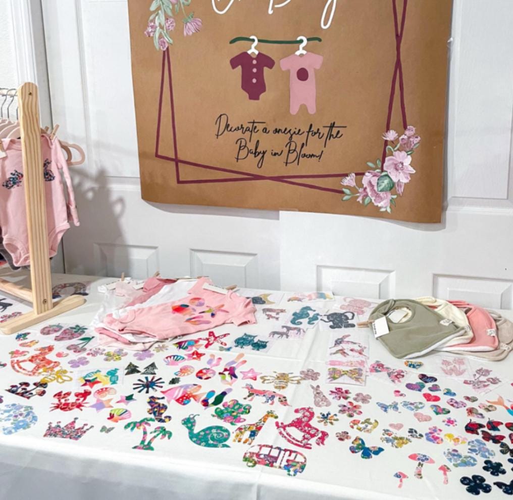 Baby Onesie & Bib Decorating Activity: Gender Neutral Shapes, Custom Baby Name Cut-Outs, Easy No-Sew Baby Shower Crafts, No craft experience