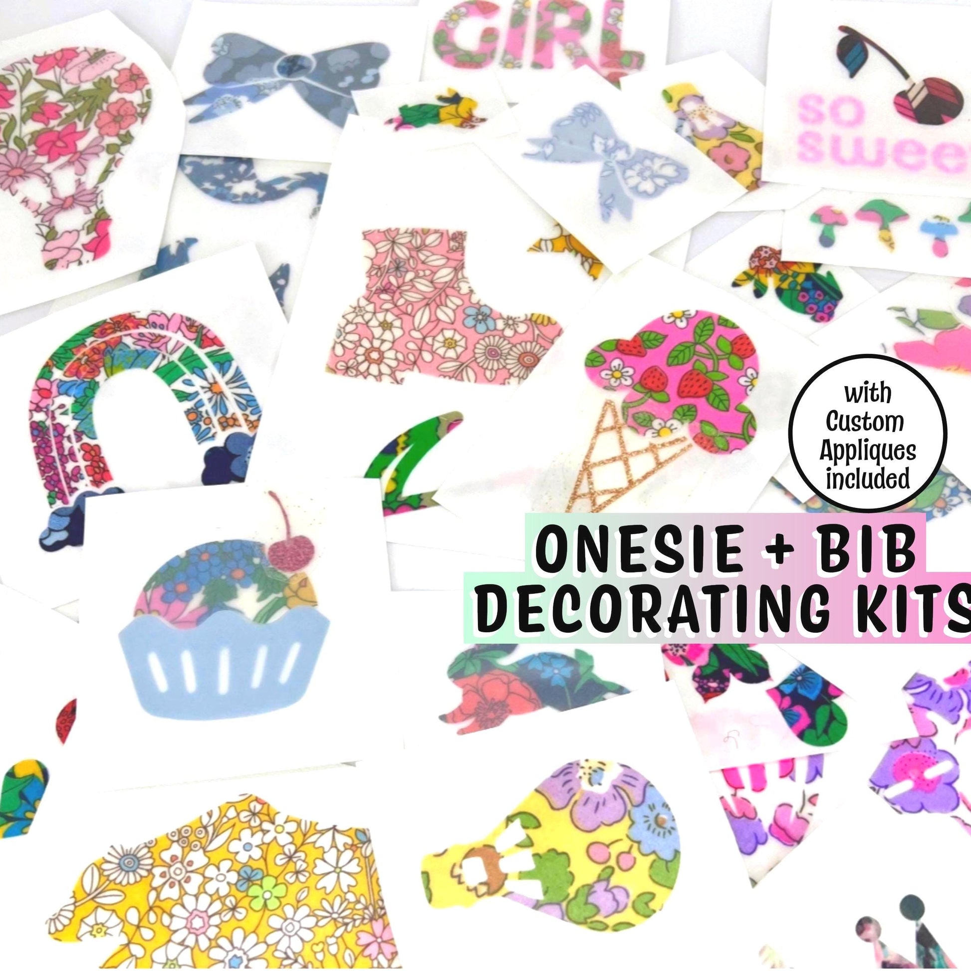 Girls Onesie & Bib Decorating Station Kit: Liberty of London fabric appliques, Custom Iron-On Designs, Easy No Sew, Optional Bibs+Onesies®