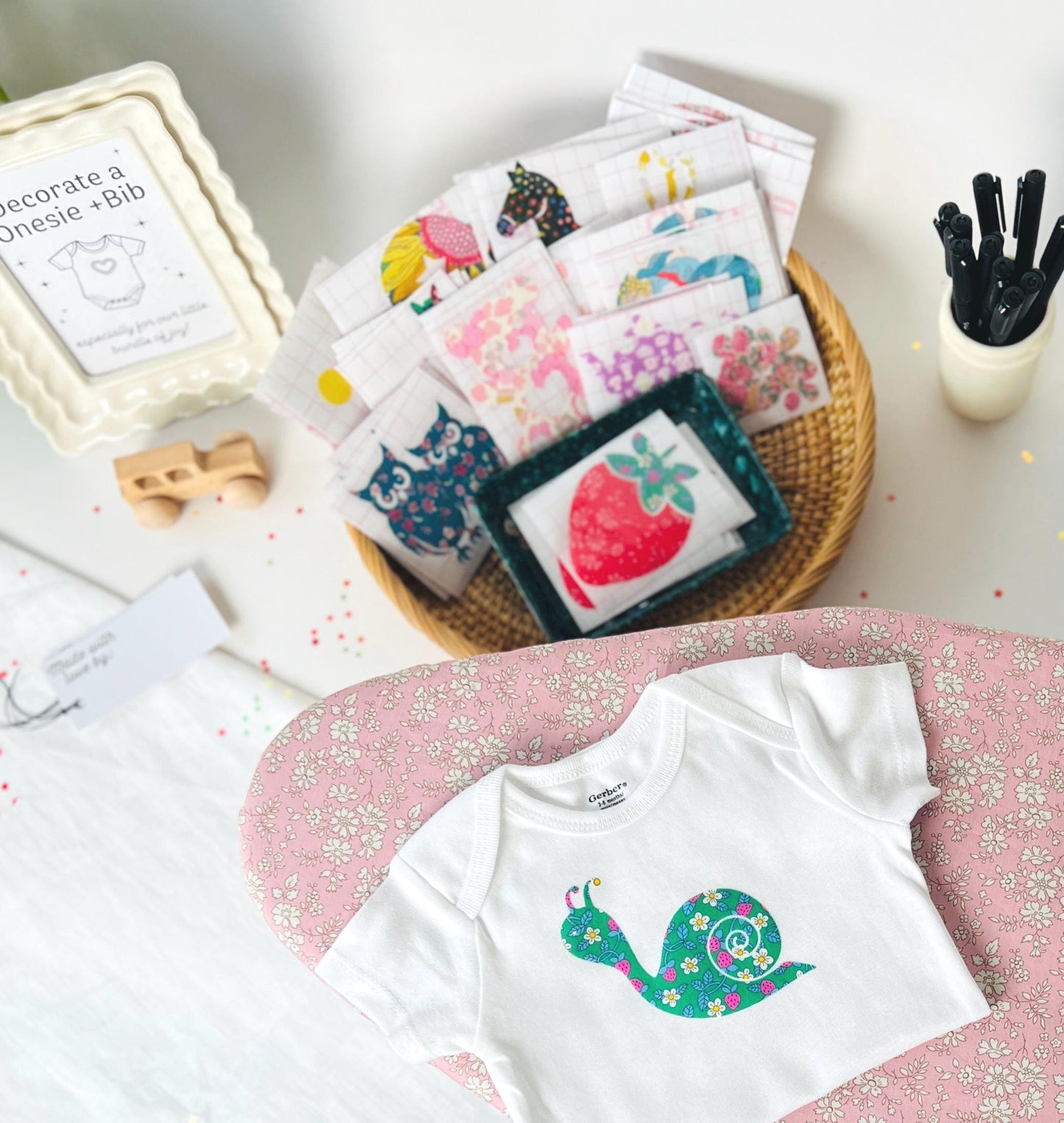 Baby Onesie & Bib Decorating Activity: Gender Neutral Shapes, Custom Baby Name Cut-Outs, Easy No-Sew Baby Shower Crafts, No craft experience