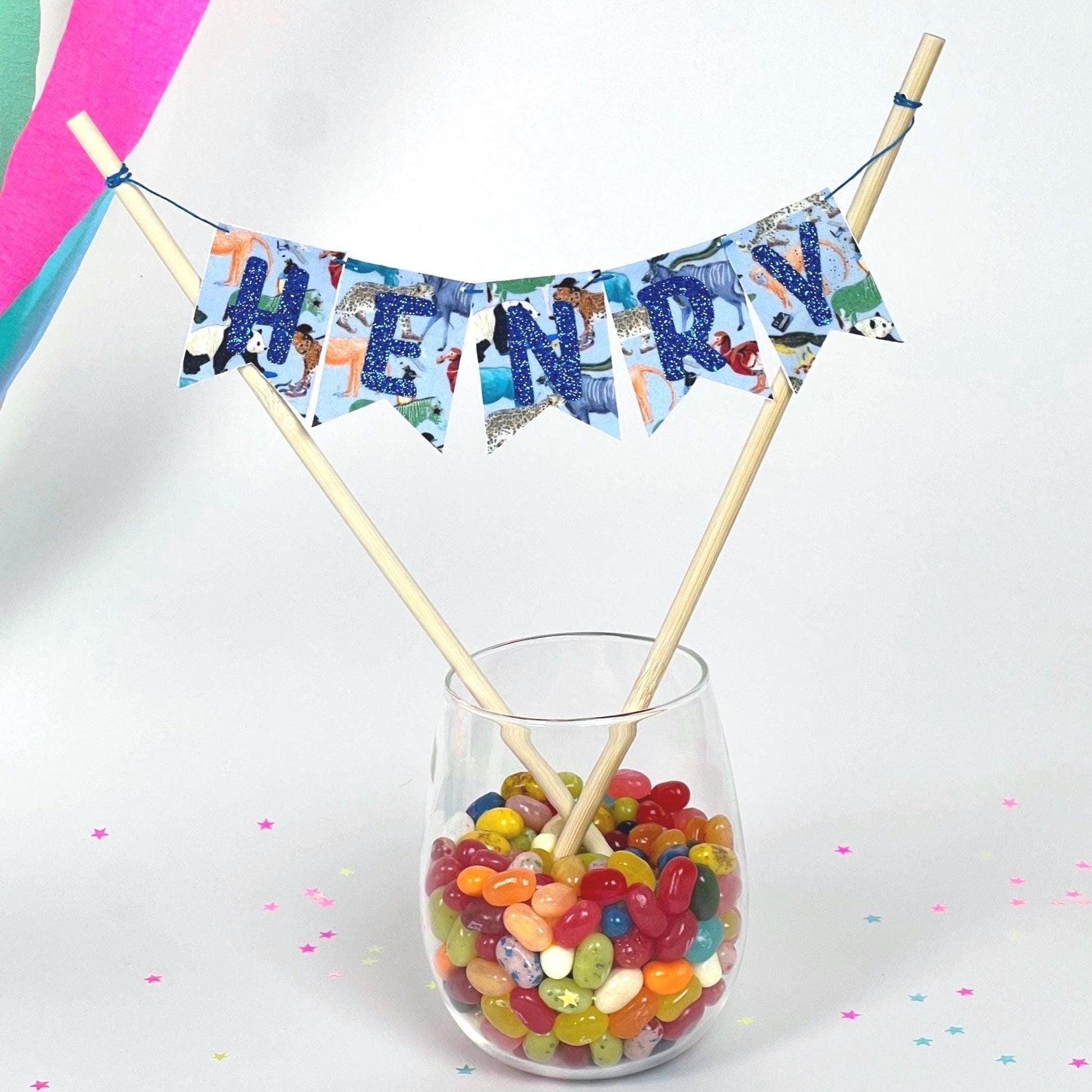 Liberty Fabric Cake Topper Bunting: Glitter Letters, Linen Backing, Satin Ribbon, Keepsake Banner
