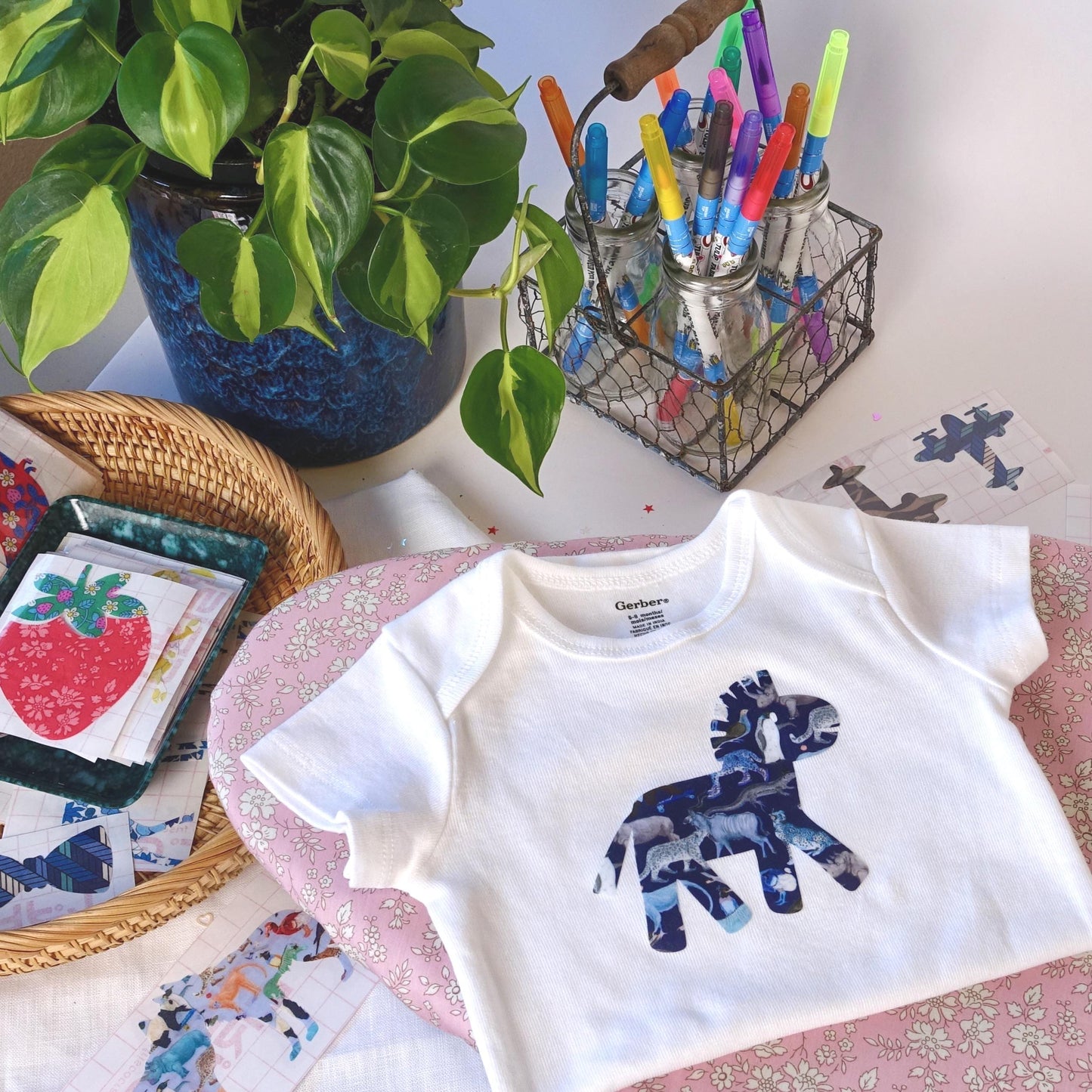 Boys Onesie & Bib Decorating Kit: Easy No Sew Iron On Liberty fabric Appliques in a variety of playful BOY shapes, Baby Shower to Remember!