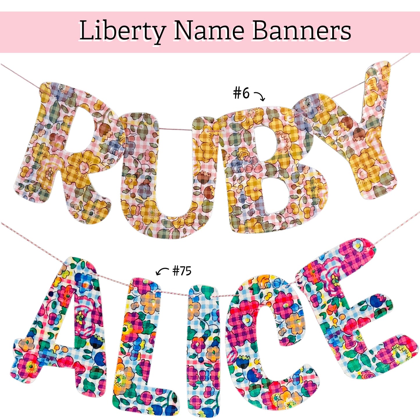 Liberty fabric Garlands, Nursery Decor | Handmade, personalised name garlands | Floral name garland | Liberty handmade nursery decoration