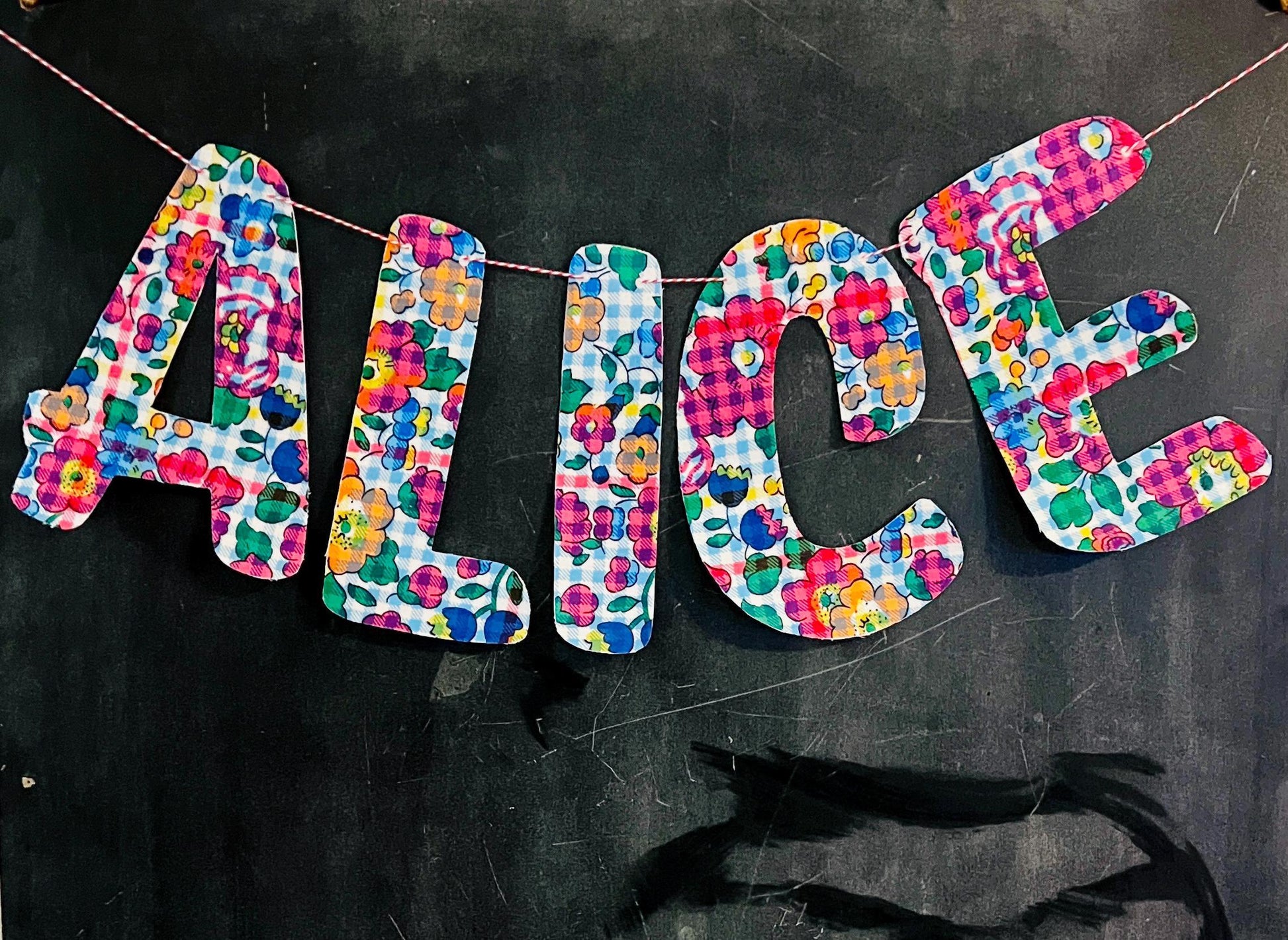 Liberty fabric Garlands, Nursery Decor | Handmade, personalised name garlands | Floral name garland | Liberty handmade nursery decoration