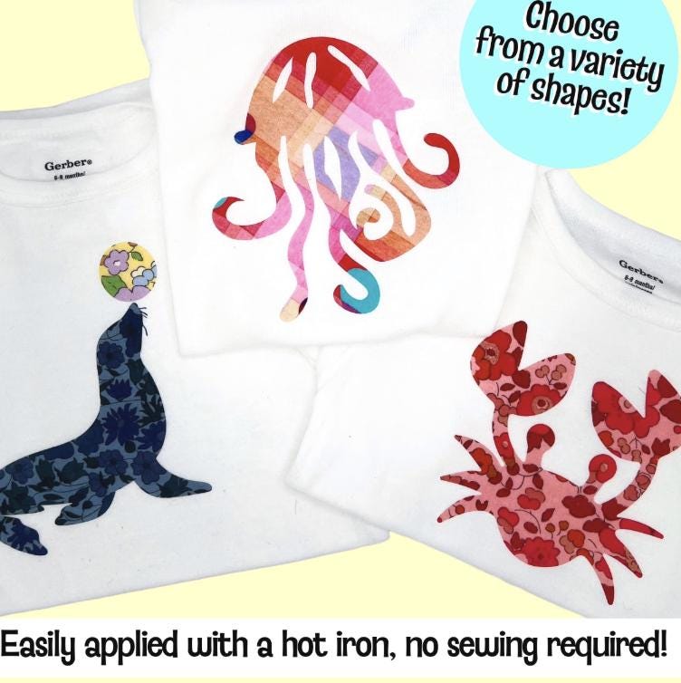 Girls Onesie & Bib Decorating Station Kit: Liberty of London fabric appliques, Custom Iron-On Designs, Easy No Sew, Optional Bibs+Onesies®