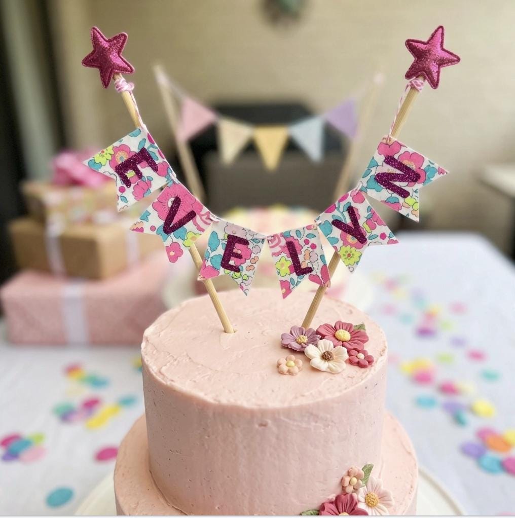 Liberty Fabric Cake Topper Bunting: Glitter Letters, Linen Backing, Satin Ribbon, Keepsake Banner