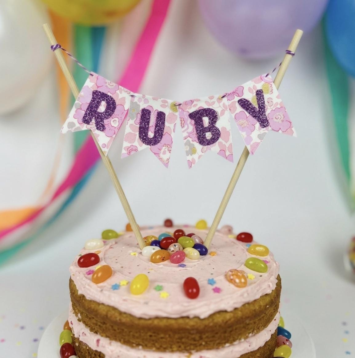 Liberty Fabric Cake Topper Bunting: Glitter Letters, Linen Backing, Satin Ribbon, Keepsake Banner