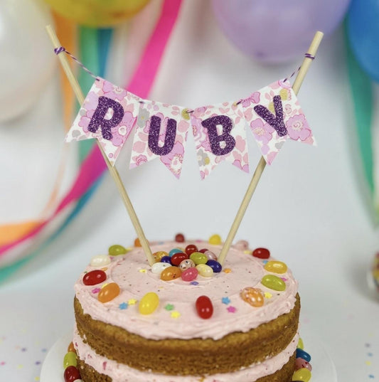 Liberty Fabric Cake Topper Bunting: Glitter Letters, Linen Backing, Satin Ribbon, Keepsake Banner