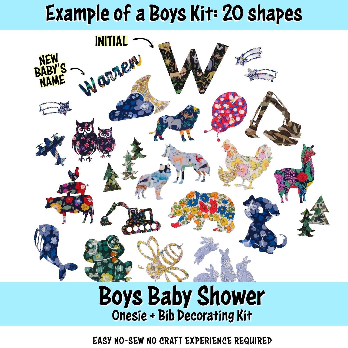 Boys Onesie & Bib Decorating Kit: Easy No Sew Iron On Liberty fabric Appliques in a variety of playful BOY shapes, Baby Shower to Remember!