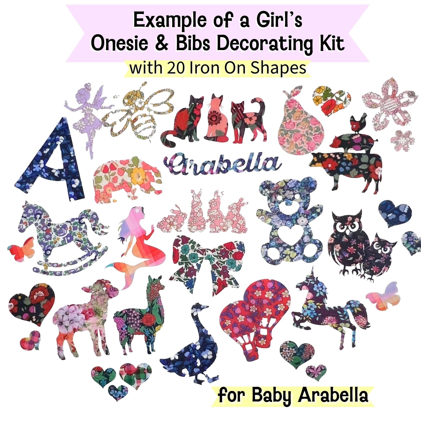Baby Girl Onesie Decorating Kit | Liberty of London Iron-On Appliqués Easy No Sew- No crafting experience, Optional to add on Bibs+Onesies®