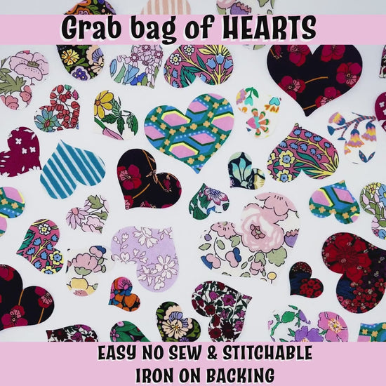 10-50 Heart Iron On Grab Bag: Perfect for DIY Valentine Crafts, Liberty of London fabric Heart appliques, easy no-sew or stitch-able backing