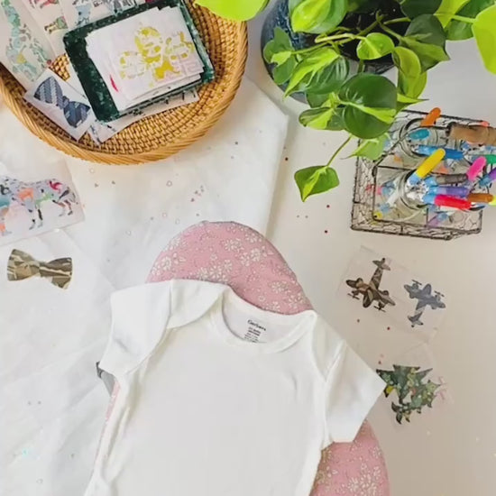 Baby Boys Onesie & Bib Decorating Kit: Easy No Sew Iron On Liberty fabric Appliques in a variety of playful BOY shapes, No craft exp. needed