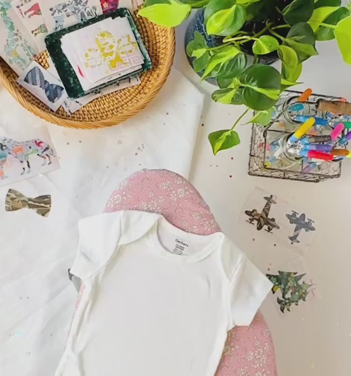 Baby Boys Onesie & Bib Decorating Kit: Easy No Sew Iron On Liberty fabric Appliques in a variety of playful BOY shapes, No craft exp. needed